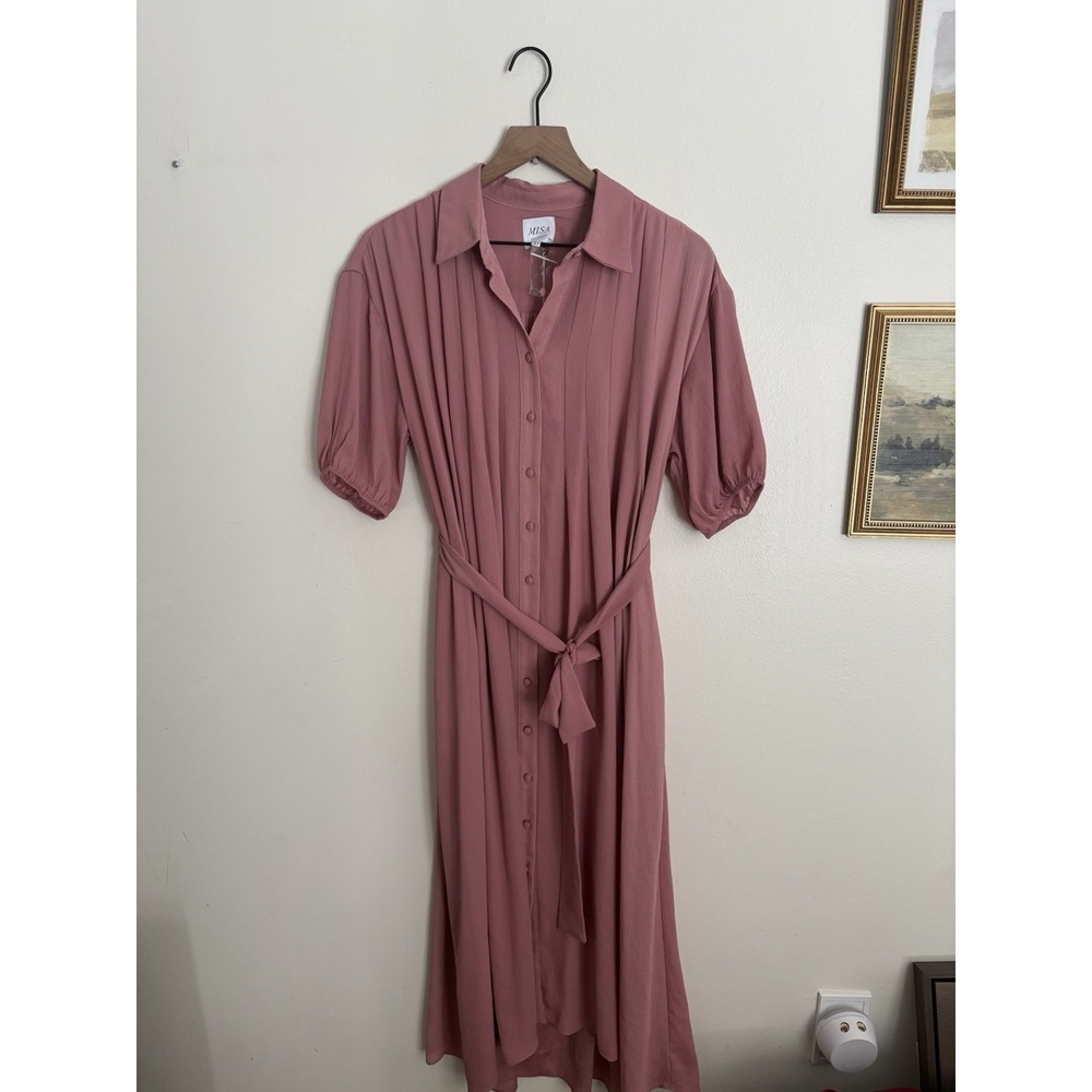 MISA Los Angeles MIDI Pink Rose Mauve Belted Dress Women XS NWT Relaxed Fit Chic